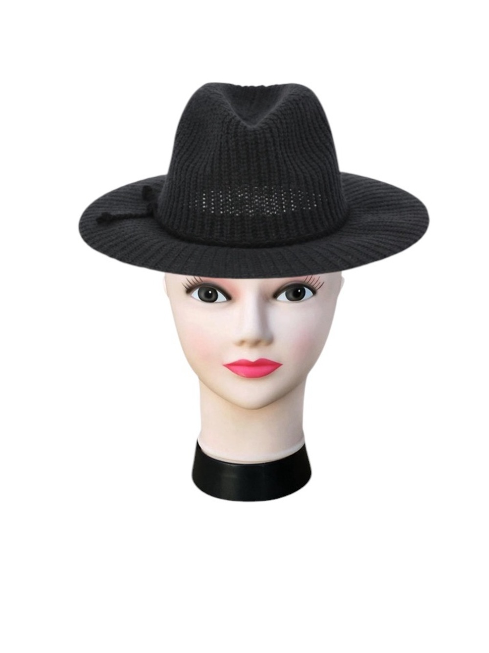 Time and Tru Black Wide-Brim Knit Fedora Hat for Women